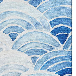 HomeRoots 10' X 14' Coastal Blue Ivory Gray Geometric Washable Area Rug with UV Protection for High-Traffic Areas 645810