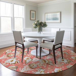 HomeRoots 8' Coastal Geometric Round Rug in Peach, Ivory & Beige - Washable, UV Protected & Durable Design 645813