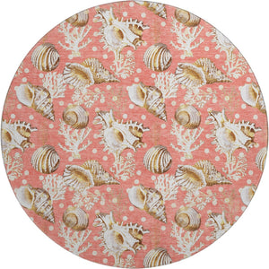 HomeRoots 8' Coastal Geometric Round Rug in Peach, Ivory & Beige - Washable, UV Protected & Durable Design 645813
