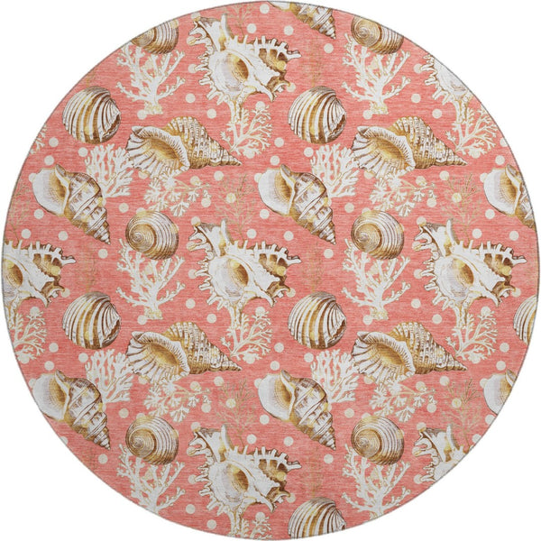 HomeRoots 8' Coastal Geometric Round Rug in Peach, Ivory & Beige - Washable, UV Protected & Durable Design 645813
