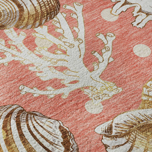 HomeRoots 8' Coastal Geometric Round Rug in Peach, Ivory & Beige - Washable, UV Protected & Durable Design 645813