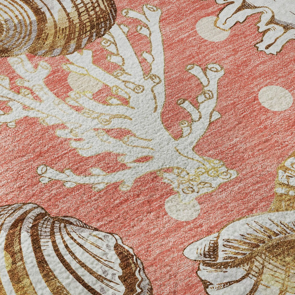 HomeRoots 8' Coastal Geometric Round Rug in Peach, Ivory & Beige - Washable, UV Protected & Durable Design 645813