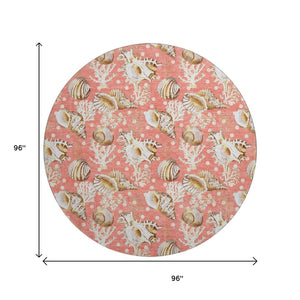 HomeRoots 8' Coastal Geometric Round Rug in Peach, Ivory & Beige - Washable, UV Protected & Durable Design 645813