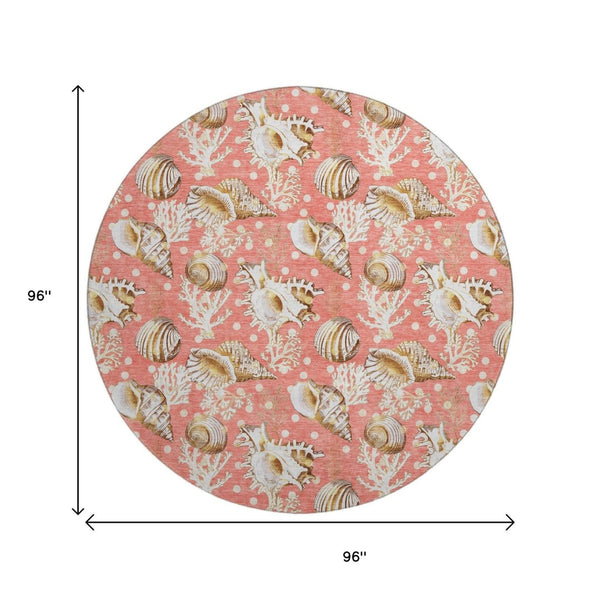 HomeRoots 8' Coastal Geometric Round Rug in Peach, Ivory & Beige - Washable, UV Protected & Durable Design 645813