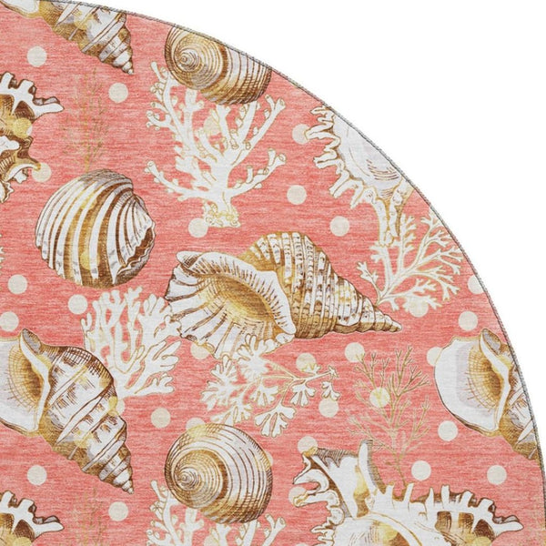 HomeRoots 8' Coastal Geometric Round Rug in Peach, Ivory & Beige - Washable, UV Protected & Durable Design 645813
