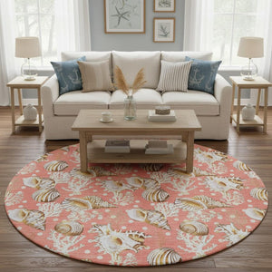HomeRoots 8' Coastal Geometric Round Rug in Peach, Ivory & Beige - Washable, UV Protected & Durable Design 645813