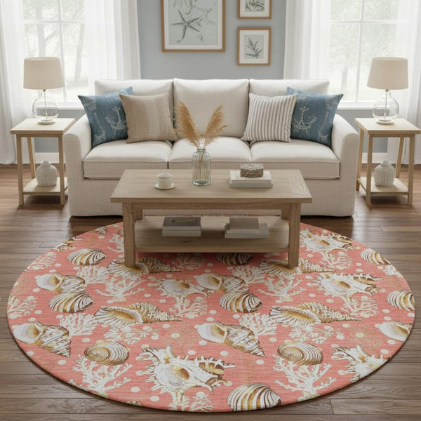 HomeRoots 8' Coastal Geometric Round Rug in Peach, Ivory & Beige - Washable, UV Protected & Durable Design 645813