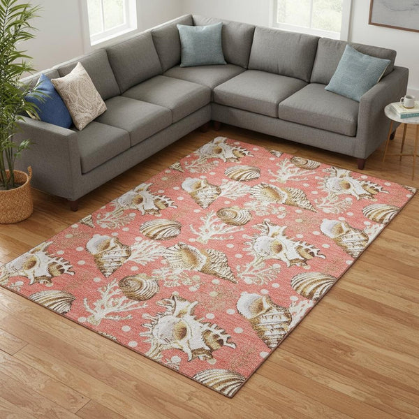 HomeRoots 8' X 10' Peach Ivory Geometric Area Rug - Washable, UV Protected, Stain Resistant for Busy Homes 645814