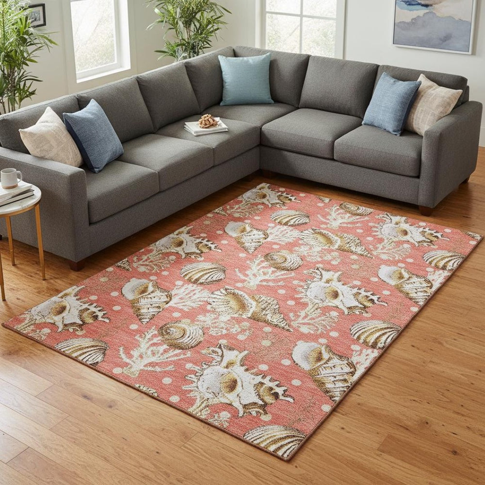 HomeRoots 8' X 10' Peach Ivory Geometric Area Rug - Washable, UV Protected, Stain Resistant for Busy Homes 645814