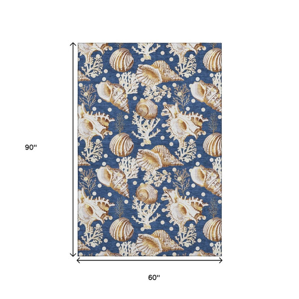 HomeRoots 5' Blue Ivory Beige Geometric Washable Area Rug – Durable, Stain-Resistant, UV Protected for Homes 645818