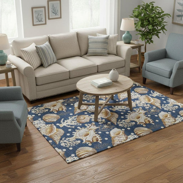 HomeRoots 5' Blue Ivory Beige Geometric Washable Area Rug – Durable, Stain-Resistant, UV Protected for Homes 645818