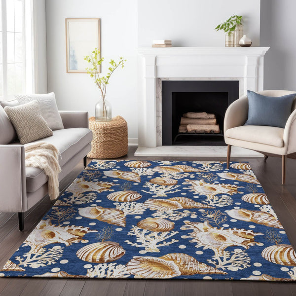 HomeRoots 5' Blue Ivory Beige Geometric Washable Area Rug – Durable, Stain-Resistant, UV Protected for Homes 645818