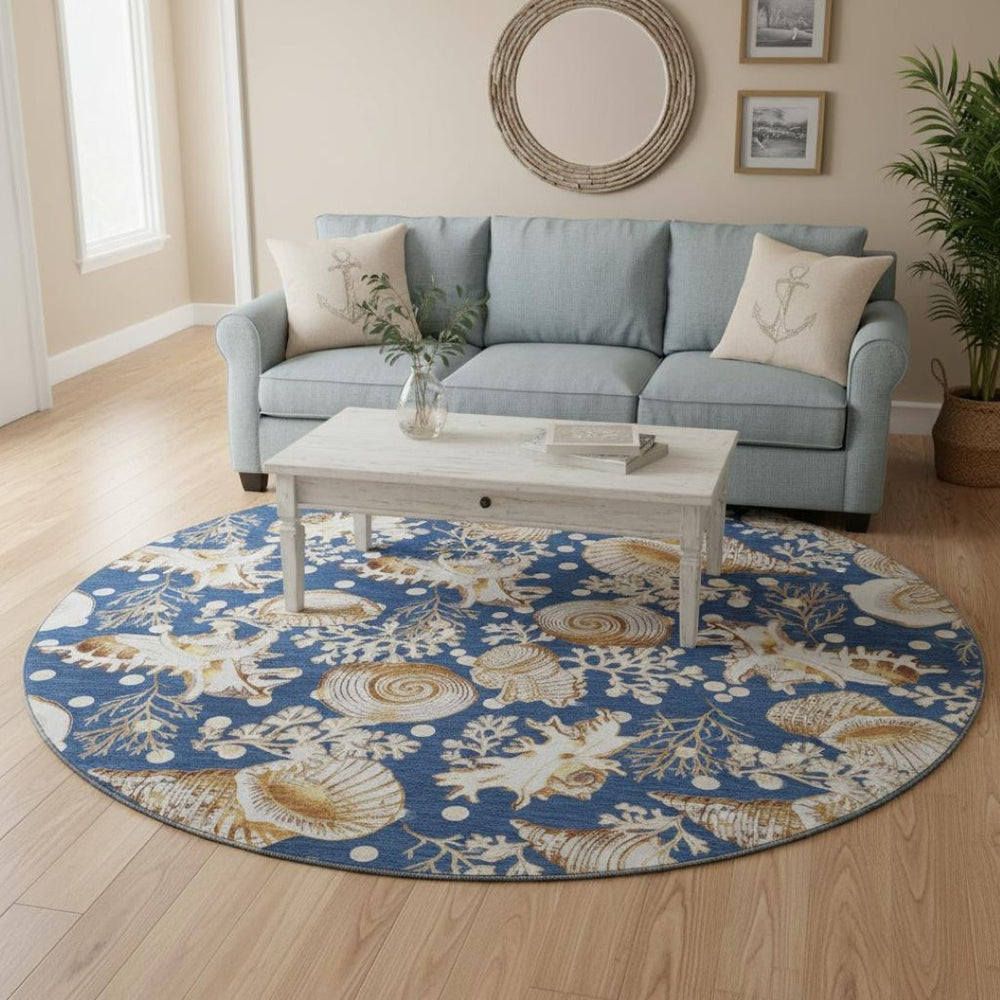HomeRoots 8' Blue Ivory and Beige Geometric Round Rug - Washable, UV Protected, Stylish for Modern Homes 645819