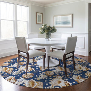 HomeRoots 8' Blue Ivory and Beige Geometric Round Rug - Washable, UV Protected, Stylish for Modern Homes 645819