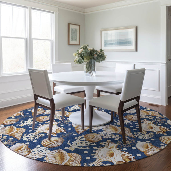 HomeRoots 8' Blue Ivory and Beige Geometric Round Rug - Washable, UV Protected, Stylish for Modern Homes 645819