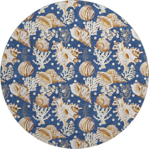 HomeRoots 8' Blue Ivory and Beige Geometric Round Rug - Washable, UV Protected, Stylish for Modern Homes 645819