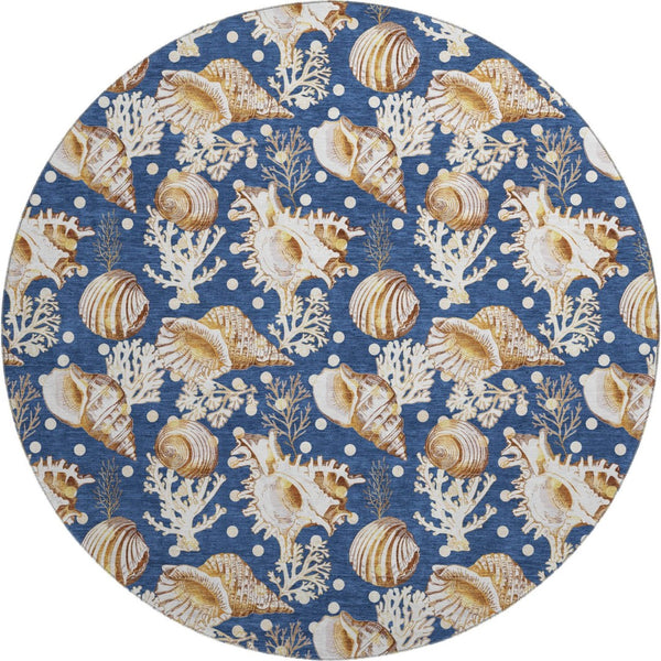 HomeRoots 8' Blue Ivory and Beige Geometric Round Rug - Washable, UV Protected, Stylish for Modern Homes 645819