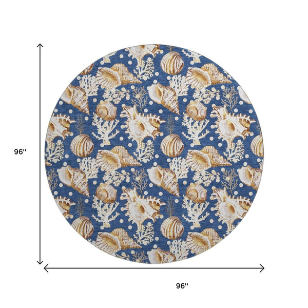 HomeRoots 8' Blue Ivory and Beige Geometric Round Rug - Washable, UV Protected, Stylish for Modern Homes 645819