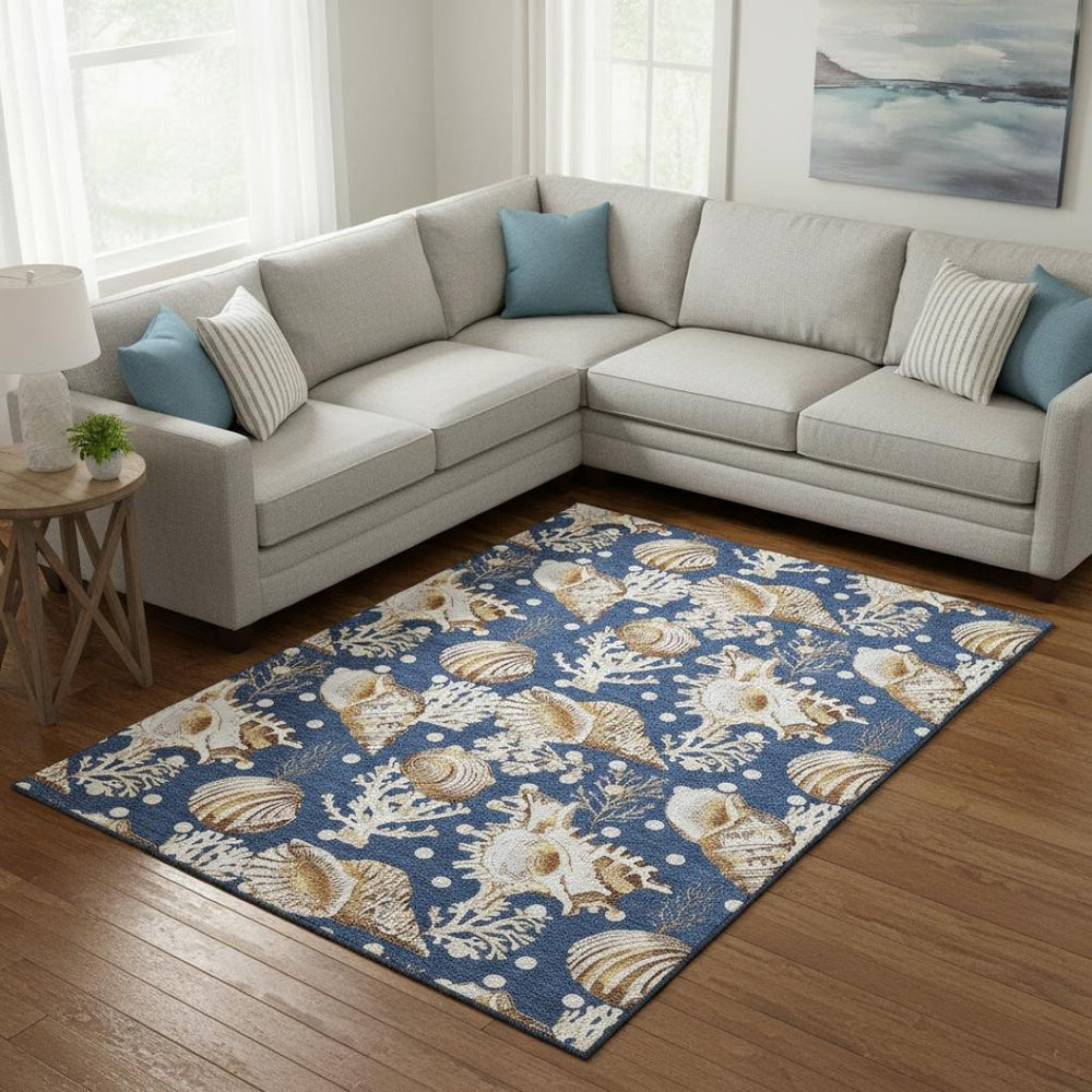 HomeRoots 8' X 10' Coastal Blue Ivory Beige Geometric Area Rug - Washable, UV Protected, Stain Resistant Style 645820