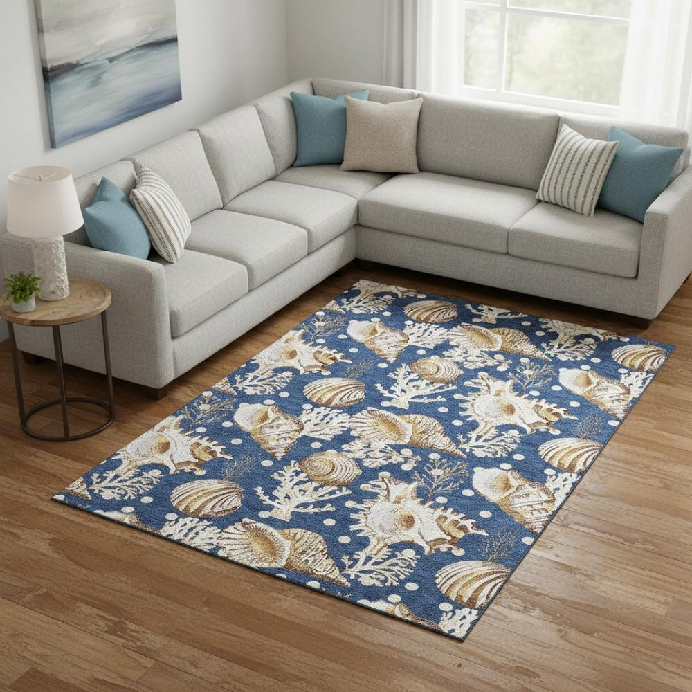 HomeRoots 9' X 12' Stylish Blue Ivory Beige Geometric Area Rug - Washable, UV Protected & Pet-Friendly Design 645821