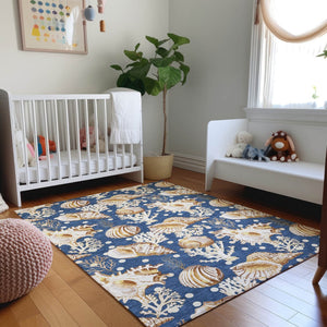 HomeRoots 10' X 14' Blue Ivory Geometric Washable Area Rug - Stylish, Durable Design with UV Protection! 645822