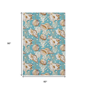 HomeRoots 5' Aqua Ivory Beige Geometric Area Rug - Washable, UV-Protected, Durable for High-Traffic Spaces 645824