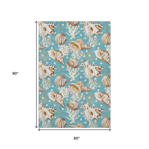 HomeRoots 5' Aqua Ivory Beige Geometric Area Rug - Washable, UV-Protected, Durable for High-Traffic Spaces 645824