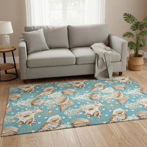HomeRoots 5' Aqua Ivory Beige Geometric Area Rug - Washable, UV-Protected, Durable for High-Traffic Spaces 645824