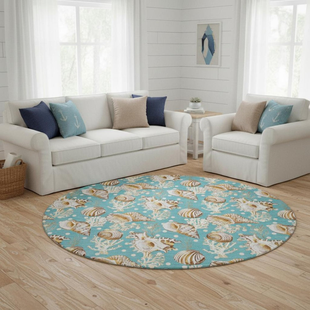 HomeRoots 8' Coastal-Inspired Aqua, Ivory & Beige Geometric Round Rug - Washable, UV Protected & Stylish 645825
