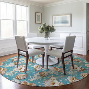 HomeRoots 8' Coastal-Inspired Aqua, Ivory & Beige Geometric Round Rug - Washable, UV Protected & Stylish 645825