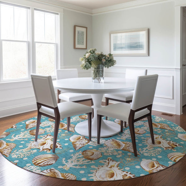 HomeRoots 8' Coastal-Inspired Aqua, Ivory & Beige Geometric Round Rug - Washable, UV Protected & Stylish 645825