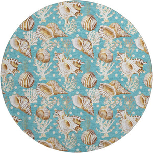 HomeRoots 8' Coastal-Inspired Aqua, Ivory & Beige Geometric Round Rug - Washable, UV Protected & Stylish 645825
