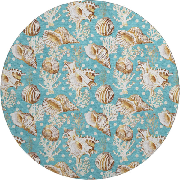 HomeRoots 8' Coastal-Inspired Aqua, Ivory & Beige Geometric Round Rug - Washable, UV Protected & Stylish 645825