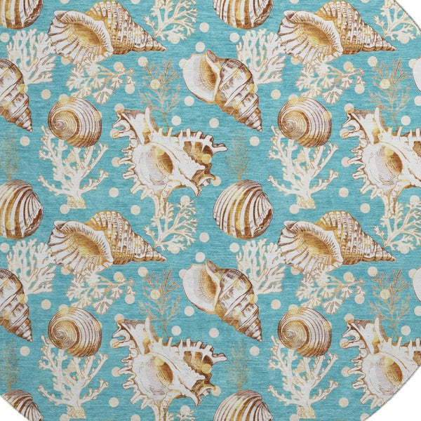 HomeRoots 8' Coastal-Inspired Aqua, Ivory & Beige Geometric Round Rug - Washable, UV Protected & Stylish 645825
