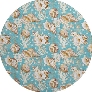 HomeRoots 8' Coastal-Inspired Aqua, Ivory & Beige Geometric Round Rug - Washable, UV Protected & Stylish 645825
