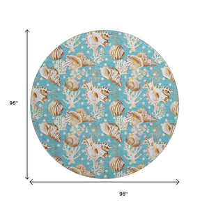 HomeRoots 8' Coastal-Inspired Aqua, Ivory & Beige Geometric Round Rug - Washable, UV Protected & Stylish 645825