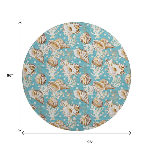 HomeRoots 8' Coastal-Inspired Aqua, Ivory & Beige Geometric Round Rug - Washable, UV Protected & Stylish 645825