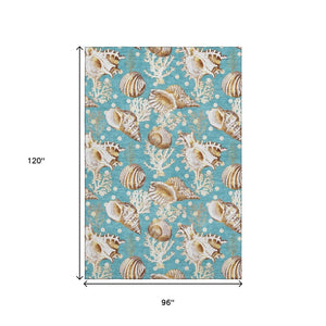 HomeRoots 8' X 10' Aqua Ivory Beige Geometric Area Rug - Washable, UV Protected, Ideal for Coastal Spaces 645826