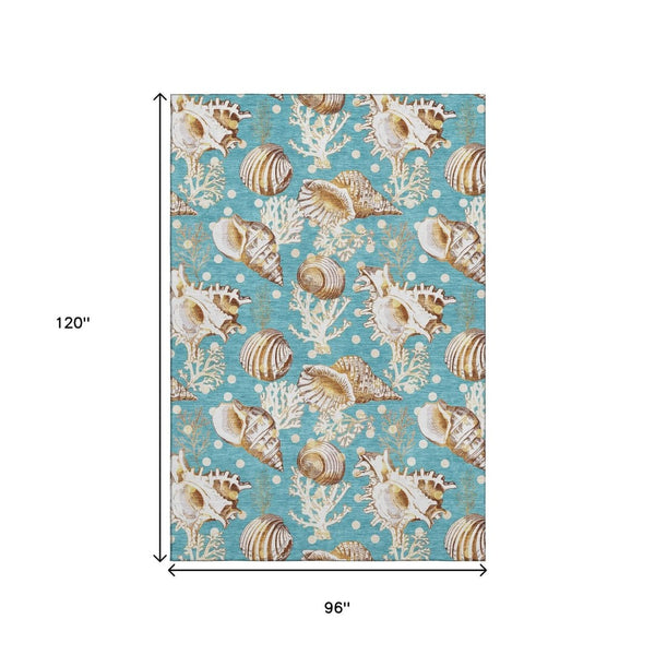 HomeRoots 8' X 10' Aqua Ivory Beige Geometric Area Rug - Washable, UV Protected, Ideal for Coastal Spaces 645826