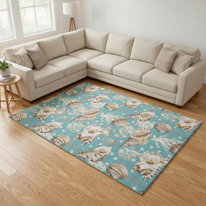 HomeRoots 8' X 10' Aqua Ivory Beige Geometric Area Rug - Washable, UV Protected, Ideal for Coastal Spaces 645826