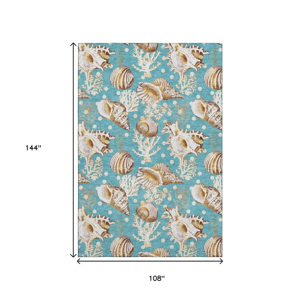 HomeRoots 9' X 12' Aqua Ivory Beige Geometric Area Rug - Durable, Washable, UV-Protected for Busy Homes! 645827