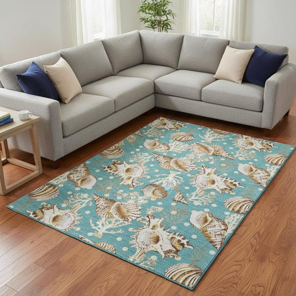 HomeRoots 9' X 12' Aqua Ivory Beige Geometric Area Rug - Durable, Washable, UV-Protected for Busy Homes! 645827