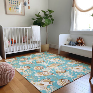 HomeRoots 9' X 12' Aqua Ivory Beige Geometric Area Rug - Durable, Washable, UV-Protected for Busy Homes! 645827