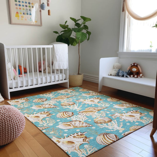 HomeRoots 9' X 12' Aqua Ivory Beige Geometric Area Rug - Durable, Washable, UV-Protected for Busy Homes! 645827