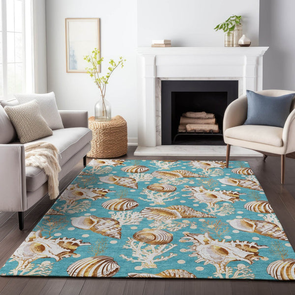 HomeRoots 9' X 12' Aqua Ivory Beige Geometric Area Rug - Durable, Washable, UV-Protected for Busy Homes! 645827