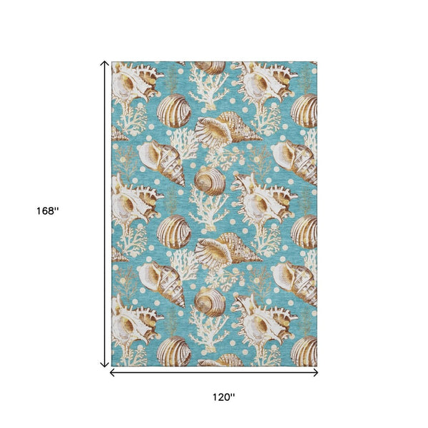 HomeRoots 10' Aqua Ivory Beige Geometric Area Rug - Washable, UV Protected, Perfect for Coastal Homes & Playrooms 645828