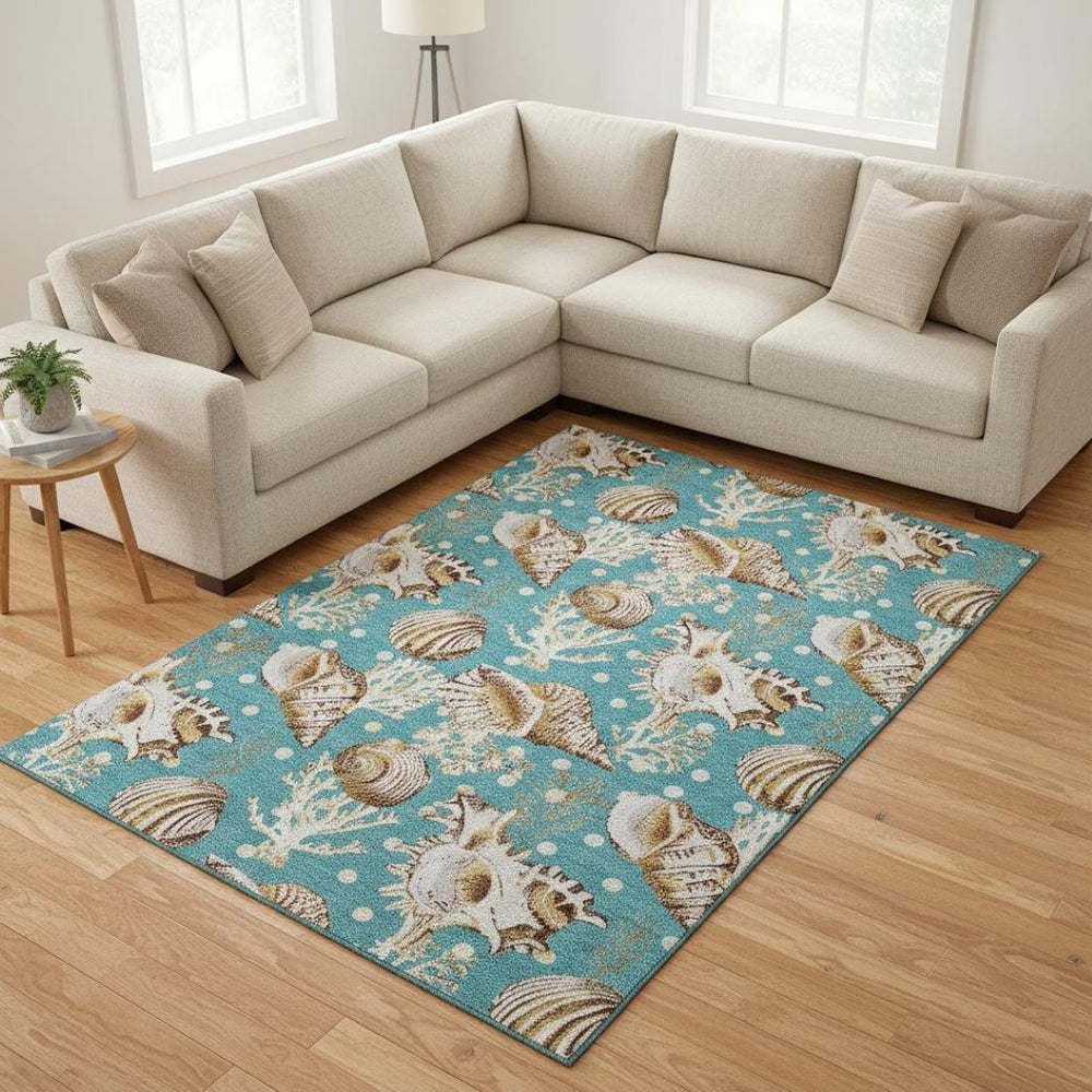 HomeRoots 10' Aqua Ivory Beige Geometric Area Rug - Washable, UV Protected, Perfect for Coastal Homes & Playrooms 645828