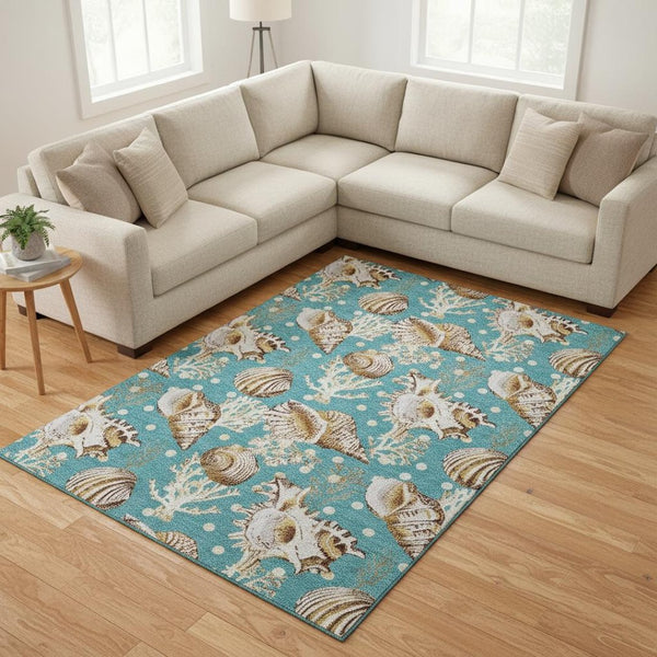 HomeRoots 10' Aqua Ivory Beige Geometric Area Rug - Washable, UV Protected, Perfect for Coastal Homes & Playrooms 645828