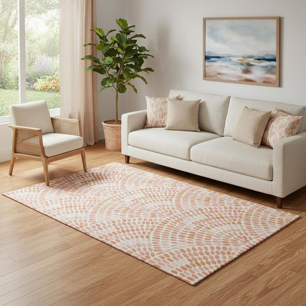 HomeRoots 5' X 8' Peach & Ivory Geometric Area Rug - Washable, UV Protected, Stain Resistant for Modern Spaces 645836