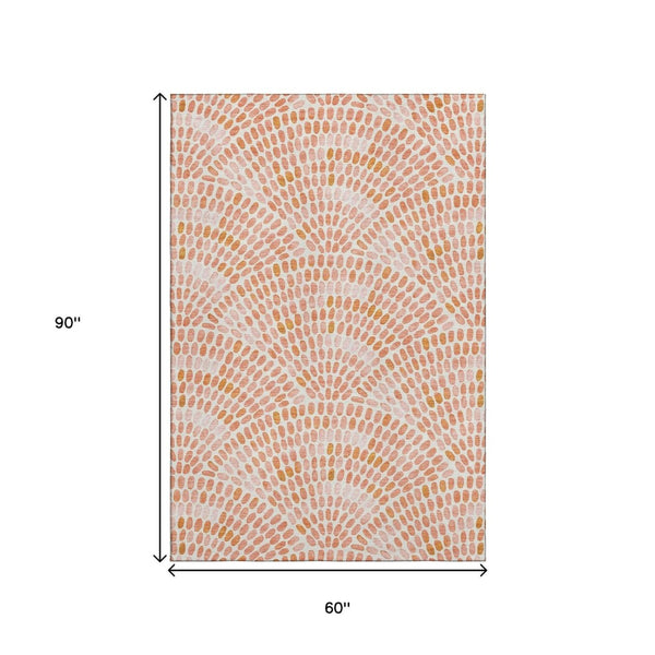 HomeRoots 5' X 8' Peach & Ivory Geometric Area Rug - Washable, UV Protected, Stain Resistant for Modern Spaces 645836